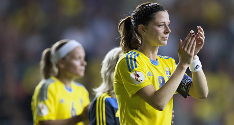 Domaren godkände inte Lotta Schelins mål i matchen mot Tyskland. Sverige förlorade med 1-0. Foto: Björn Larsson Rosvall/Scanpix.